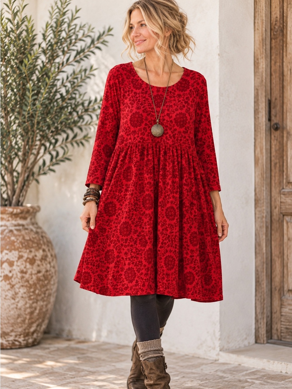 Gudrun Sjoden Red Floral Velvet Organic Cotton Lagenlook Dress Medium Boho